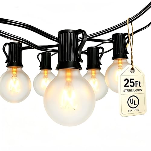 Abeja 25FT Outdoor String Lights, G40 Globe Patio String Lights with 27 Frosted White Globe Bulbs, Waterproof Connectable Hanging Lights for Outside Backyard Porch Umbrella Bistro Decor, Black Wire - color: 25FT Frosted White-Black, size: 25FT