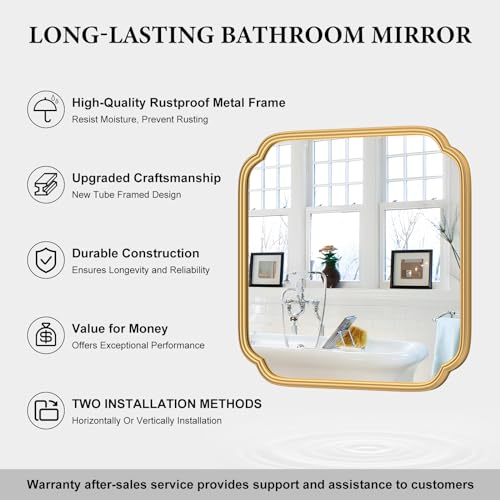Ferytange Gold Bathroom Mirror for Wall 24" x 24" Modern Rounded Corner Square Mirror with Non-Rusting Iron Metal Framed Bathroom Vanity Mirror for Over Sink Wall Decor Horizontal/Vertical - color: Gold, size: 24"L x 24"W