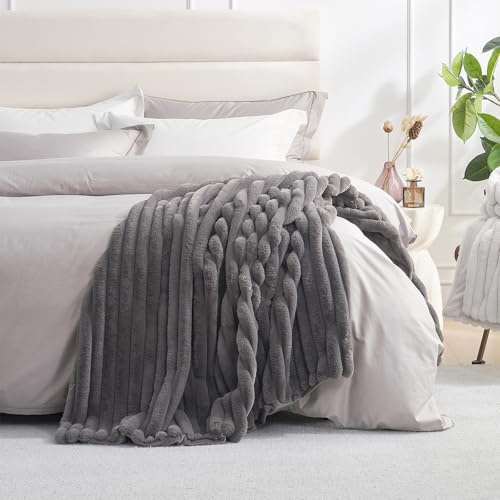 Amélie Home Faux Fur Throw Blanket for Couch, Cozy Fuzzy Fluffy Fur Luxurious Soft Striped Plush Gift Blankets for Family Sofa Chair Bedroom, 55"x70", Charcoal Grey - color: Striped Charcoal Gray, size: Throw(55"x70")