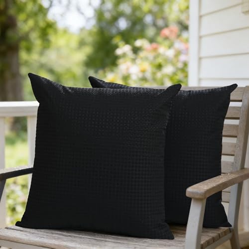 DFXSZ Outdoor Pillow Covers 18X18 Inch Set of 2 Black Waffle Textured Polyester Pillow Covers Spring Summer Outdoor Waterproof Decor for Patio Furniture Garden 025D18 - color: Black, size: 18" x 18" (Pack of 2)