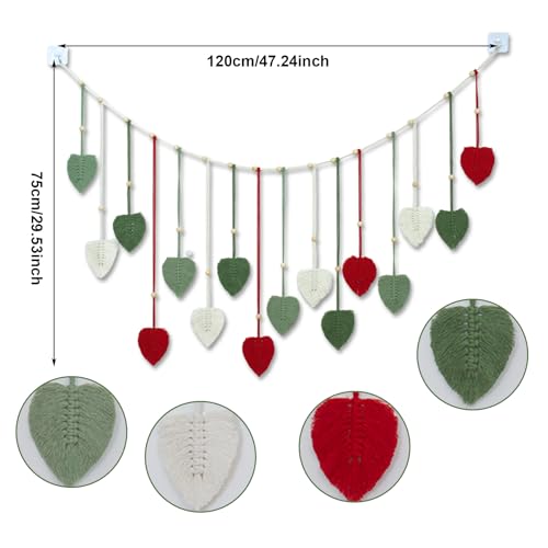 HVEST Christmas Macrame Wall Hanging Large- Boho Decor- Handmade Leaves Woven Tapestry for Bedroom- Red Green White Christmas Ornaments- Macrame Wall Art for Living Room Xmas Decorations, 29.5L X 47W - color: Red Green White
