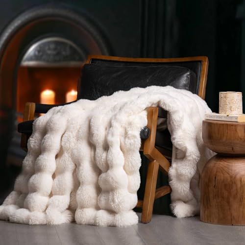 EverGrace Ultra Soft Luxury Fluffy Faux Rabbit Fur Throw Blanket, Thick Warm Bubble Throw for Bed, Cozy Plush Reversible Blankets for Couch, Chair, Sofa, Ivory White, 90x90 Inches - color: Ivory White, size: 90"x90"