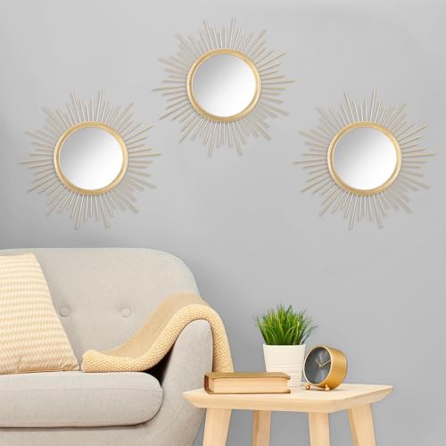 3 Pack Metal Mirrors for Wall Gold Sunburst Wall Mirrors Home Décor Art Decorative Modern Bohemian Hanging Wall Art for Living Room Bedroom Bathroom Entryway Small 12'' - color: Sunburst-gold, size: 3 Set 12"L x 12"W