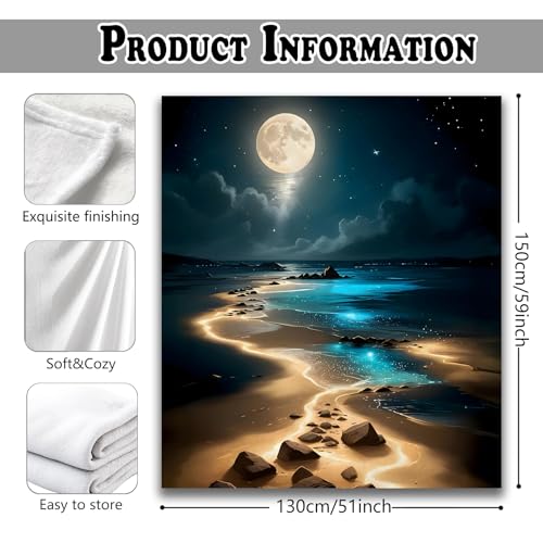 Full Moonlight Coastal Throw Blanket for Couch, Gifts for Beach Lovers, Mystical Celestial Ocean Throw Blanket for Home Bedroom Living Room Beach House Decoration, 50x60 Inches - color: Color_12