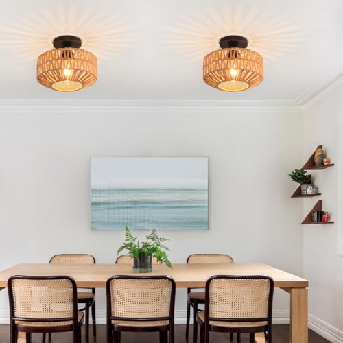 Ceiling Light Fixture,Hand-Woven Rattan Flush Mount Ceiling Light,Farmhouse Light Fixtures Ceiling Mount Boho for Hallway Bedroom Kitchen Entryway Living Room - color: 9.8 IN Ceiling Light