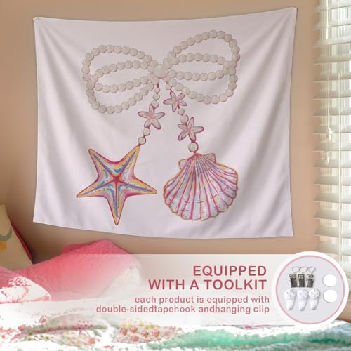Lacama Pink Coquette Coastal Beach Tapestry, Cute Preppy Tapestry Decorative for Teen Girls Room Bedroom College Dorm Apartment, College Dorm Decor, 50x60 Inches - color: conch