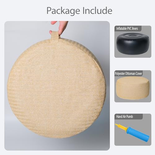 Outdoor Inflatable Ottoman with Air Pump, Fade-Resistant Patio Footrest Stool D21”x H9”, Round Pouf Ottoman with Portable Handle Suitable for Garden, Camping, Bedroom, Living Room - color: Beige