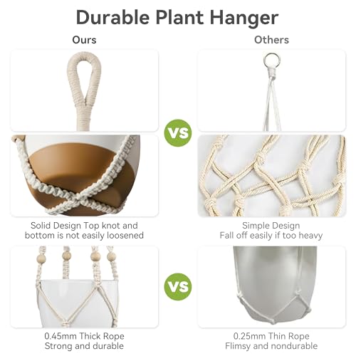 USLAI Macrame Plant Hanger Indoor Outdoor, Fits 4 to 15 Inch Pots, Strong Hanging Planter Holder, Boho Home Decor, 35 Inch, Ivory, Set of 3 (POTS NOT Included) - color: Ivory, size: 35+35+35 Inch