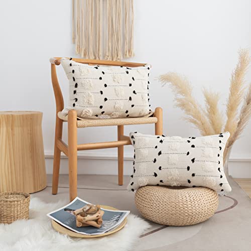 LIGICKY Boho Lumbar Pillow Covers Decorative Woven Throw Pillows Rectangle Pillow Sham Black and Beige Off White Pillowcase for Couch Sofa Bed Car 12x20 Inch - color: Dot, size: 20" x 12" (Pack of 1)