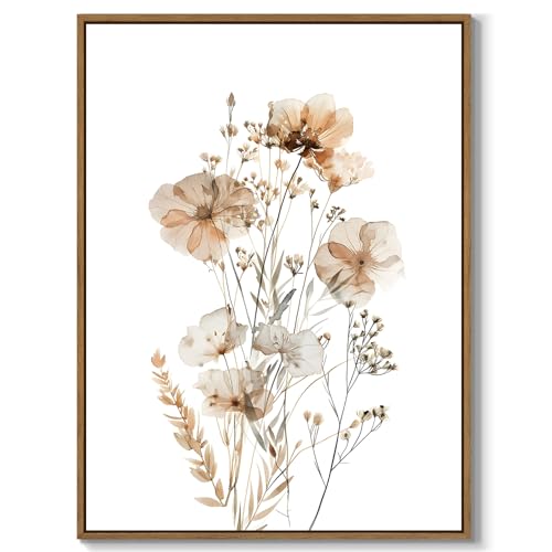 Neutral Watercolor Botanical Wall Art Vintage Floral Canvas Art Prints Orange Flower Plants Picture Minimalist Wall Decor Boho Artwork Framed for Girls Room Bedroom Living Room Decoration, 12x16 Inch - color: Neutral Flowers, size: 16"L x 12"W