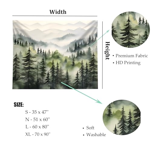 TUGCAY Misty Mountain Forest Tapestry, Green Nature Foggy Watercolor Tree Tapestries Landscape Scenery Tapestry Wall Hanging for Bedroom Living Room Backdrop 51 x 60 Inch
