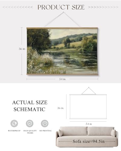 ARPEOTCY Extra Large Vintage Framed Wall Art, 36x54 Inch River Landscape Hanging Framed Canvas Prints Scroll Wall Art Decor for Living Room Bedroom, Retro Scenery Pictures Above of Bed - color: Lake Surface