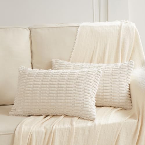 Fancy Homi Cream Lumbar Decorative Throw Pillow Covers 12x24 Inch for Living Room Couch Bed Sofa, Rustic Farmhouse Boho Home Decor, Soft Striped Corduroy Rectangle Cushion Case 30x60 cm - color: Cream, size: 24" x 12" (Pack of 1)