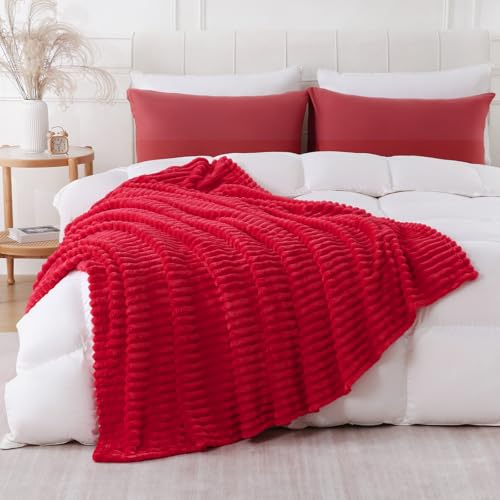 Cherry Red Throw Blanket for Couch Sofa 60x80 inches Striped Fleece Blankets Room Home Decor Lightweight Plush Soft Cozy Gifts for Women Mom Girls - color: Cherry Red, size: Twin(60"x80")