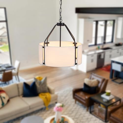 Drum Chandeliers, 18'' Drum Pendant Light Fixture with White Linen Fabric Shade, White Chandelier Adjustable Modern Farmhouse Hanging Lights for Dining Room Bedroom Kitchen Foyer Entryway - color: 18Inch White&Black