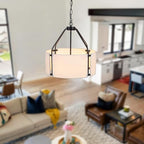 Drum Chandeliers, 18'' Drum Pendant Light Fixture with White Linen Fabric Shade, White Chandelier Adjustable Modern Farmhouse Hanging Lights for Dining Room Bedroom Kitchen Foyer Entryway - color: 18Inch White&Black