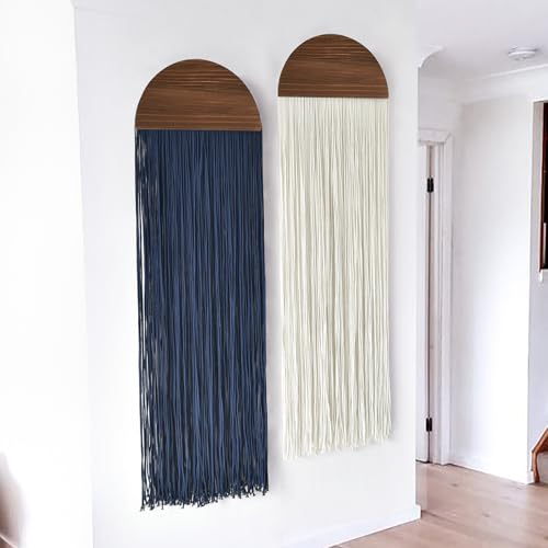 2 Pcs Macrame Wall Hanging Fiber Wall Art Boho Fringe Wall Decor Handmade Modern Textile Tapestry for Living Room Bedroom Apartment Scandinavian Home Decor 13.7" W x 51" L - color: Blue and Ivory
