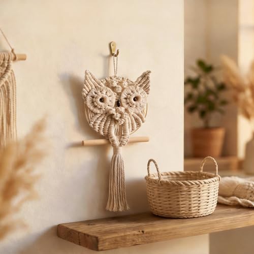 FURUBETA Owl Macrame Wall Hanging Boho Wall Decor, Handwoven Wall Tapestry for Bedroom Living Room Nursery, Bohemian Wall Art Owl Decor, Housewarming Gift for Women, 6x18in - color: 02-Little Owl
