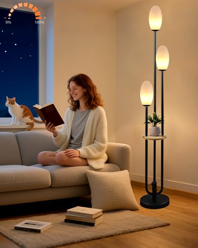 Black Dimmable Floor Lamp with Table, Unique Tall Standing Lamps with 3000K G9 Bulbs for Reading, Mid Century Modern Floor Lamp with 5Lbs Heavy Base for Living Room Bedroom Office - color: 3 Cylinder-Black