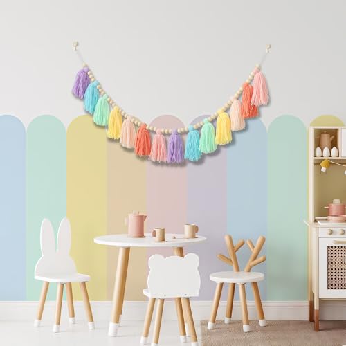 DCJHFJ Pastel Rainbow Boho Tassel Garland Wall Hanging with Wood Beads for Baby Shower Birthday Party Classroom Dorm Nursery Decor - color: Macaron
