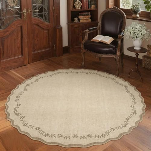GarveeHome Round Area Rugs 6ft for Bedroom, Solid Jute Washable Circle Rug Soft Non Slip Floral Print Floor Mat Tan Leaves Carpet Indoor Thin Rug for Living Room Dining Room Playroom Nursery - color: Jute, size: 6' (Round)
