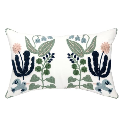Alysheer Floral Embroidered Summer Lumbar Decorative Throw Pillow Cover 12"x 20", Farmhouse Cottage Navy Blue Green Flowers Leaves Patterned Cotton Canvas Cushion Case for Sofa Couch Bed Living Room - color: - Blue Green, size: 20" x 12" (Pack of 1)
