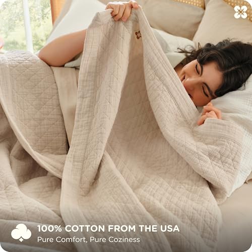Bedsure 100% Cotton Muslin Blanket 8-Layer Twin XL, Breathable & Substantial Oeko TEX Gauze Bed Throw, PureWoven All-Season Moisture-Wicking Bedding, Softens After Wash, Linen Beige, 66"x90" - color: Linen Beige, size: Twin-XL