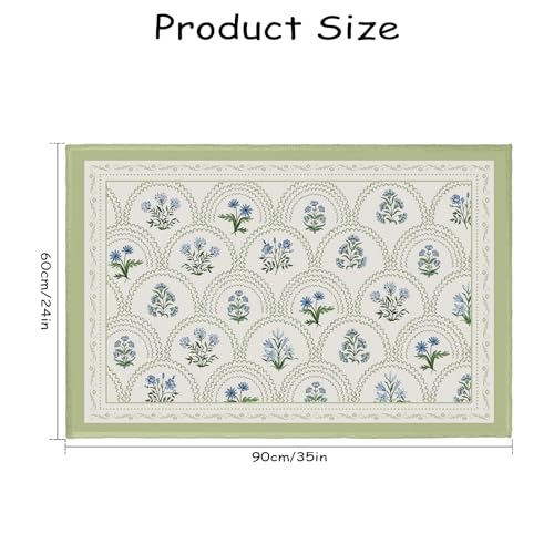 Blue Green Floral Block Print Area Rugs for Entryway 2x3 Vintage Flower Spring Summer Decorative Front Door Mat Boho Farmhouse Washable Non-Slip Low Pile Small Rug for Bedroom Bathroom Kitchen - color: Blue Green Floral