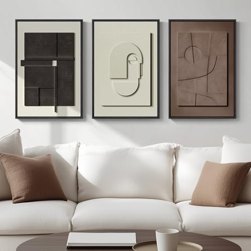 3D Textured Framed Abstract Wall Art, 3 Piece Modern Paintings Artwork for Walls, Black White Brown Geometric Sandstone Texture Pictures for Living Room Dining Room Bedroom Office Wall Decor 16x24 In - color: Black White Brown, size: 16"w X 24"h X 3pcs