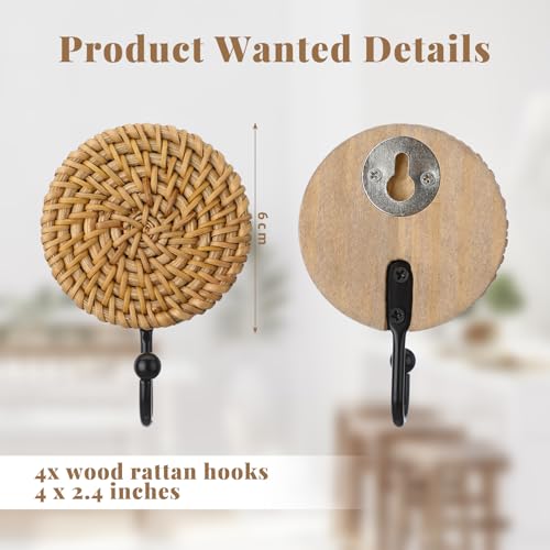 Colingmill 4 Pcs Boho Rattan Wall Towel Hooks Decorative Woven Hanging Holder Farmhouse Coat Rack Hooks Wood Coat Rack Wall Mount Vintage Decorative Hook for Hanging Coats(Round) - style: Round