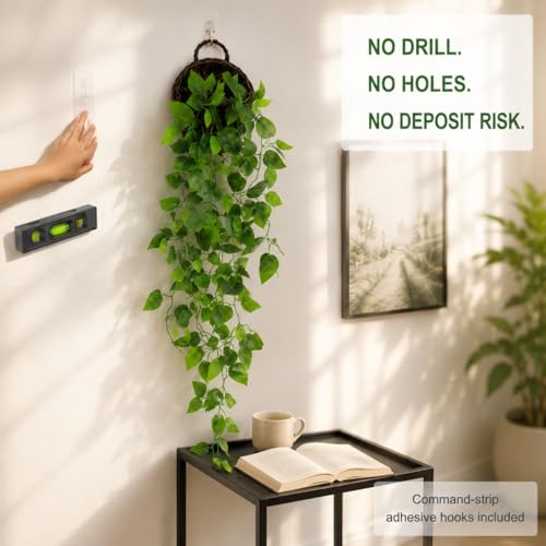 ANZOME Artificial Hanging Plant with Woven Wicker Basket, 3.5ft Faux Ivy Vine, Renter-Friendly No-Drill Wall Decor for Living Room Bedroom, Hooks & Everything Included (Minimal Odor, Pet-Friendly) - color: Dark Brown+chain Ivy