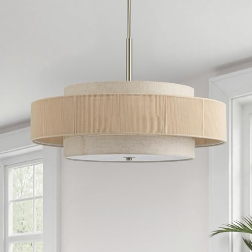VONLUCE 23.6" Boho Rattan Chandelier, 6-Light Drum Chandelier with 3-Tier Woven Lampshade, Rattan Ceiling Light for Dining Room Bedroom Living Room with E26 Sockets, Nickel Finish, ETL Certified - color: Nickel, size: 24inch
