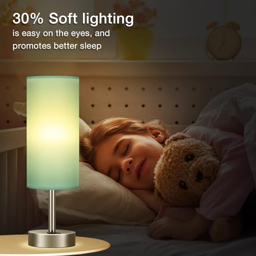 Dicoool Teal Touch Bedside Lamps for Bedroom - Small Coastal Nightstand Lamp with USB-C and USB A Charging Ports, 3 Way Dimmable Control Table Lamp for Office, Dorm with Fabric Shade Silver Base - color: Teal-Silver Metal, size: 14in