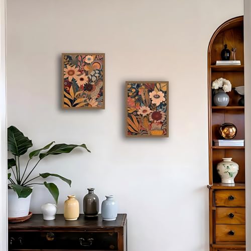 2pcs Orange Flower Framed Canvas Wall Art Set Rural Bohemian Natural Style Canvas Painting Mid Century Modern Floral Botanical Wall Deco For Living Room,Bedroom,Office 16x24in - color: Orange flowers, size: 16x24in