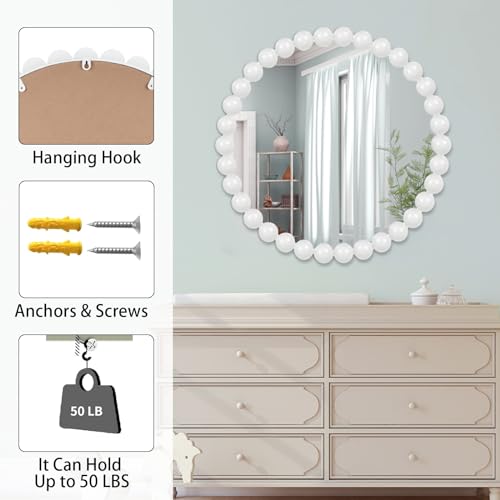 White Round Wall Mirror 24'' Wood Beaded Mirror for Wall Decor Large Circle Decorative Wall Mirror White Hanging Mirror for Bathroom,Bedroom,Living Room,Nursery Room,Kids Room - size: 24"L x 24"W