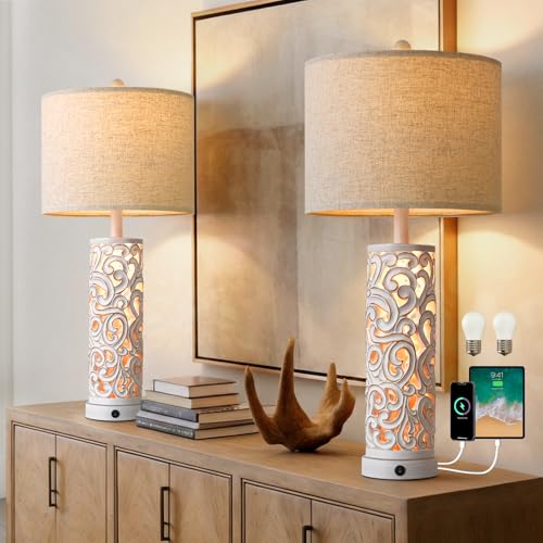 OYEARS 2-in-1 Light Table Lamp Set of 2 for Living Room, 28.5" Farmhouse Bedside Lamps with USB Charging Port, Main&Night Light & Dual Switches, Nightstand Lamp for Bedroom Home Office(Bulb Included) - color: Matte White