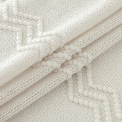 MIULEE Off White Knitted Throw Blanket for Couch Textured Knit Blanket with Tassels Cozy Woven Boho Bed Blanket for Sofa Bed Chair Acrylic Wave Pattern 50"x60" - color: Off White, size: 50" x 60"