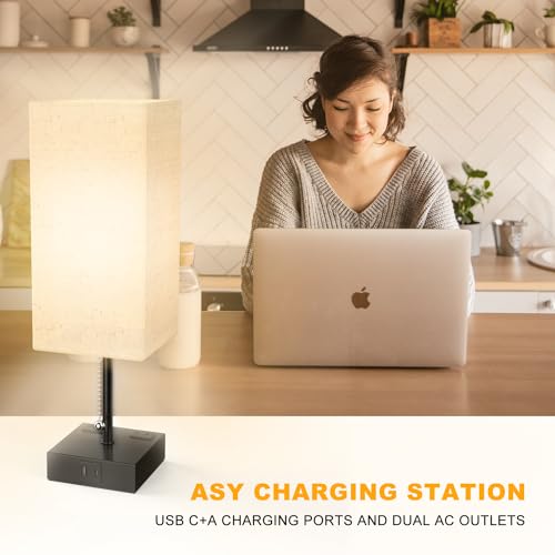 YIDPU Table Lamp for Bedroom with USB,Bedside Lamp with USB C+A Charging Ports,Adjustable 3color LED Light for Home Decor/Nightstand/Office,Included Bulb and Fabric Lamp Shade (Linen White, 2PCS) - color: Linen White, size: 2PCS
