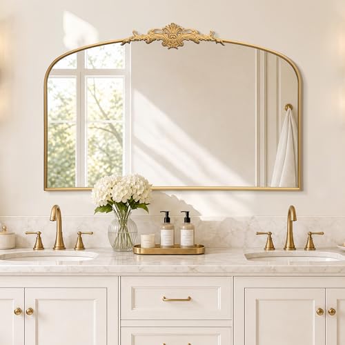 Besdomus Ornate Arched Large Mirror: 55"x36" French Gold Vintage Vanity Mirror - Overmax Baroque Decorative Traditional for Bathroom Remodel - Great for Fireplace/Entryway/Living Room/Bathroom - color: Gleaming Gold, size: 36"L x 55"W
