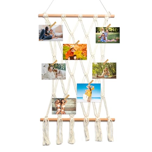 Hanging Photo Display Wall Decor Macrame Wall Hanging Boho Collage Picture Frames Decor for Dorm Bedroom Living Room Teen Girl Gifts-B - color: Beige Photo Decoration B