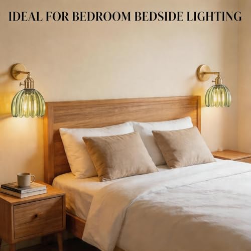 2 Pack Vintage Wall Sconces, Green Tulip Glass Shade Wall Lamp with 2 Natural Light Bulbs, Hardwired Design with Rotary Switch, Decorative Light for Bedroom Hallway Living Room - color: Green 2pcsTulip Wall Light