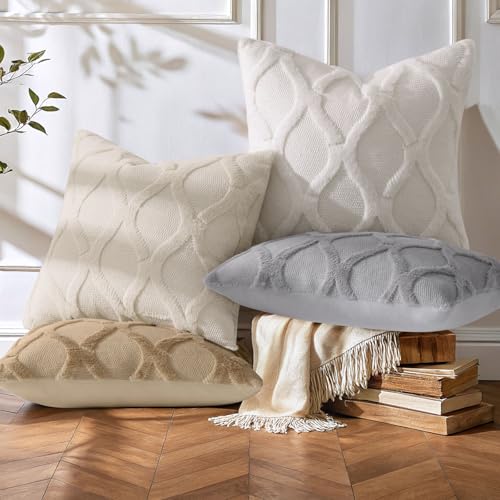 decorUhome Summer Set of 4 Throw Pillow Covers 16x16 Inch, Neutral Decorative Soft Plush Faux Wool Couch Pillow Covers, Farmhouse Pillow Cases for Living Room Bed Sofa (Cream/Khaki) - color: Cream Khaki, size: 16" x 16" (Pack of 4)