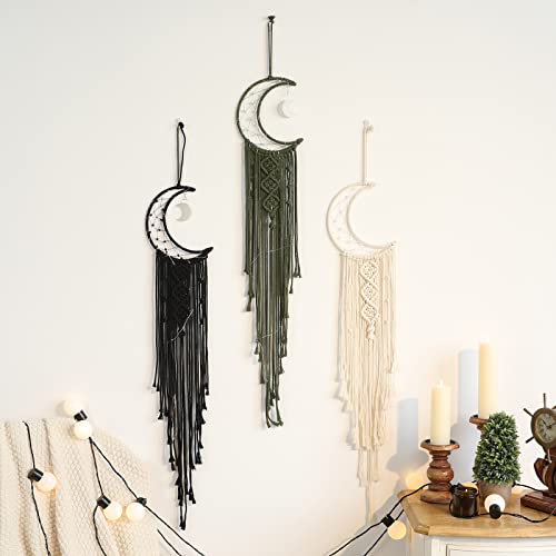 ANROYE Boho Macrame Woven Wall Hanging, Crochet Crescent Moon Star Dream Catcher with Long Tassel- Black Cotton Handmade Bohemian Home Decor Nursery Decoration Art for Kids Bedroom Dorm Room - color: Black, size: Without Light