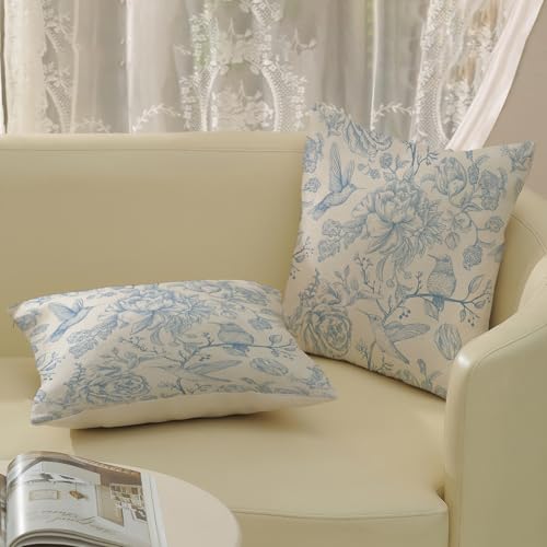Chinoiserie Blue Throw Pillow Covers 16x16 Inch 2 Pcs Vintage Light Blue Floral Bird Outdoor Decor Pillow Covers Flower Spring Seasonal Decorative Pillowcase Linen Cushion Cover for Couch Sofa - color: Light Blue Floral Bird, size: 16" x 16" (Pack of 2)