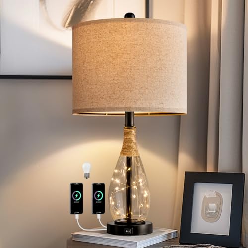 OYEARS Bedside Table Lamp with USB, 23‘’ Black Modern Nightstand Lamps for Bedroom, Retro Rattan Table Lamps for Night Stands, Living Room, Farmhouse Table Lamp with Glass Nightlight Lamps - color: Black