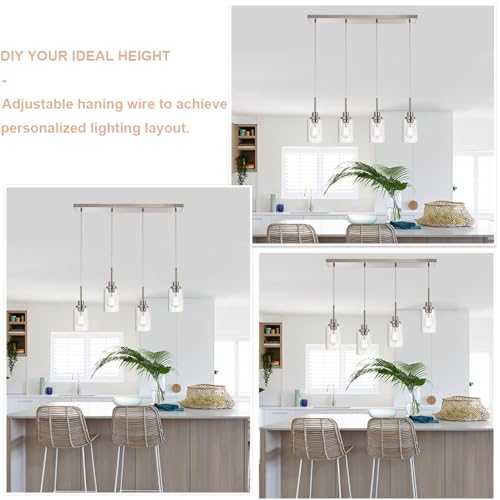 4-Lights Pendant Light Fixtures, Modern Brushed Nickel Kitchen Island Lighting with Clear Glass Shade, Adjustable Hanging Ceiling Lamp - color: Brushed Nickel, size: 4-Light