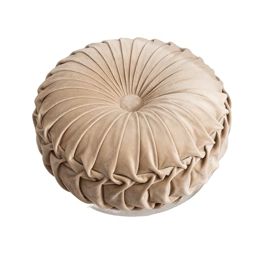 MOCOFO Round Velvet Throw Pillow, Pumpkin Shape Decorative Floor Cushion, Handcrafted Pleated Design, 14 and 16 Inch Diameter, Multiple Colors, Polyester Fill (Camel, 14") - color: Camel, size: 14"