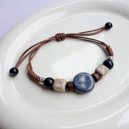 Handmade Green Boho Bracelets for Women, Bohemian Ceramic Beads Bracelets for Friends, Trendy Porcelain Stone Beaded Bracelets for Sisters - color: dark blue round