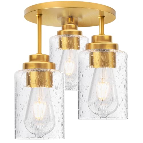 hykolity 3-Light Semi Flush Mount Ceiling Light, 9 Inch Gold Close to Ceiling Light Fixtures with Seeded Glass Shades, Modern Ceiling Lighting for Kitchen, Bedroom, Entryway, Hallway, ETL Listed - color: Gold