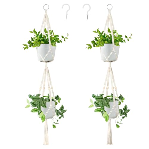 Belit 2 Pack Double Macrame Plant Hangers 2 Tier Hanging Planter Basket Decorative Flower Pot Holder Rope for Indoor Outdoor Home Decor 51 Inch - color: Beige, size: 51"- 2 Tier